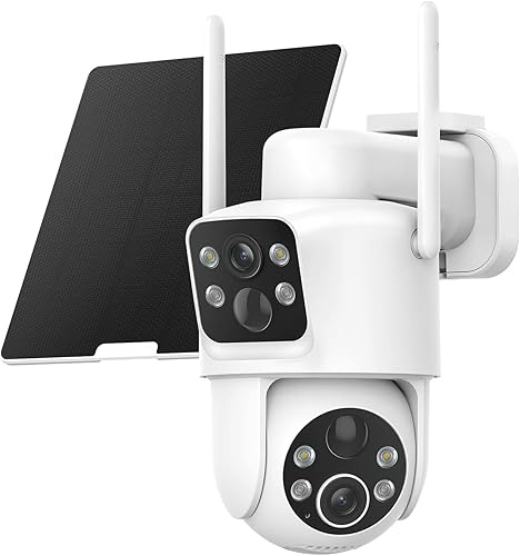 Cámaras de seguridad solar de doble lente inalámbricas para exteriores, video Full HD 2K, visión de 360 PanTilt Cámara de seguridad para el hogar