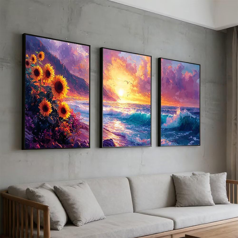 Wandbilder Meer 60x80cm, 3Pcs Leinwand Bilder Groß Wanddeko Wohnzimmer, Sonnenblume Leinwand Bilder mit Rahmen, Moderne Wandbilder Wohnzimmer Poster Set mit Haken, Wand Deko Schlafzimmer Poster, -2110