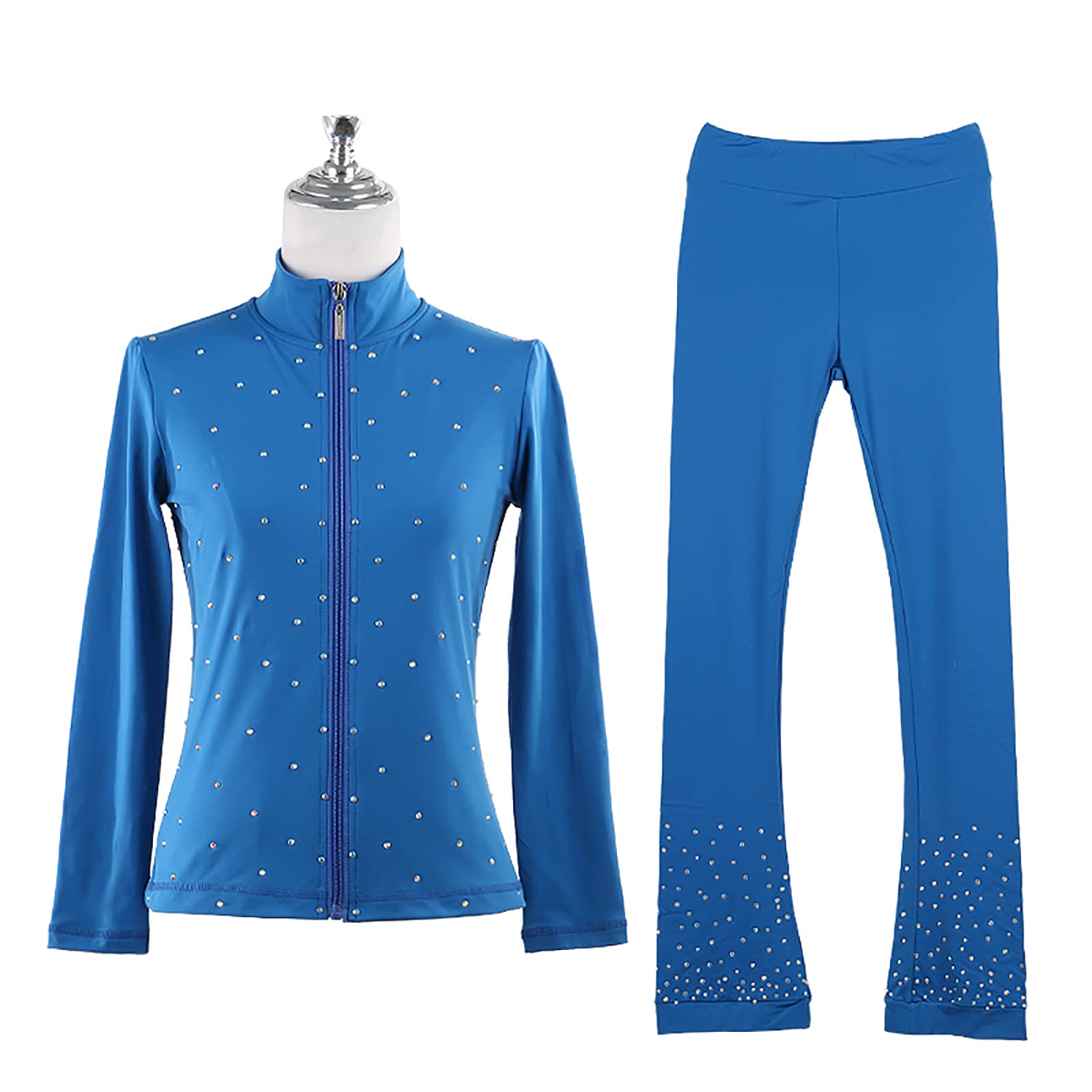 Chaqueta de Patinaje Artístico con Pantalones Mujeres Chaqueta de Patinaje sobre Hielo Elástico Ropa de Patinaje de Competición de Entrenamiento con Pedrería(Size:Xyo,Color:Azul)