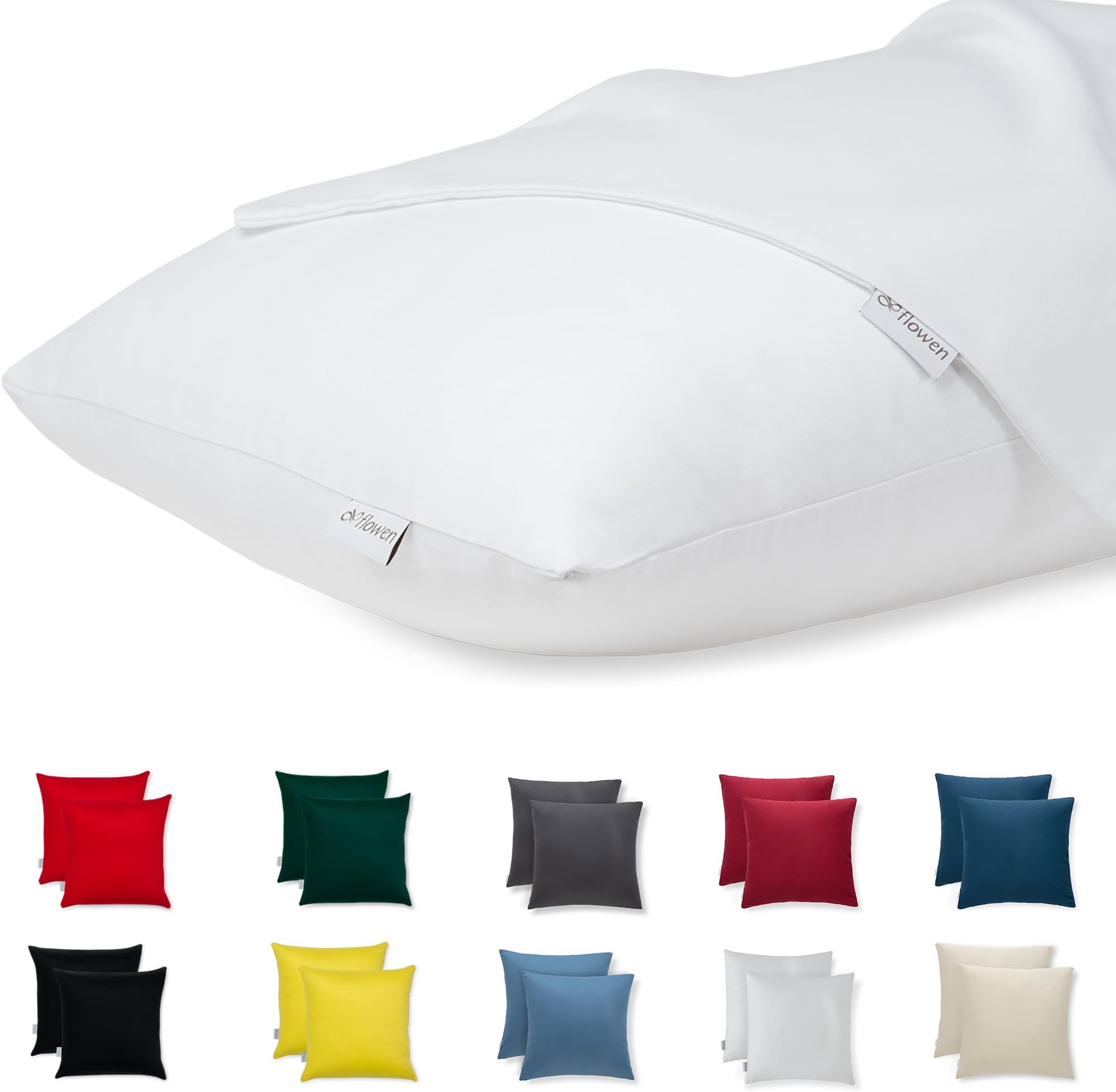 Flowen Pillow Cases for Sofa and Bed 60 x 60 cm, Set of 2 Decorative Cushion Covers 100% Cotton Jersey Soft Fabric Hypoallergenic Anti Dust Mite and Breathable Covers with Hidden Zipper Machine