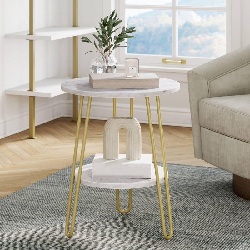 Miniatura 3 de Mesa auxiliar escalonada de mármol y oro, marco de metal, acabado blanco