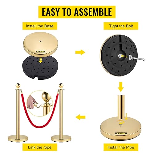 Miniatura 6 de BestEquip 4 piezas de cola de postes dorados para puntales, cuerda de terciopelo rojo de 38 pulgadas, barreras de control de multitudes, cuerda de