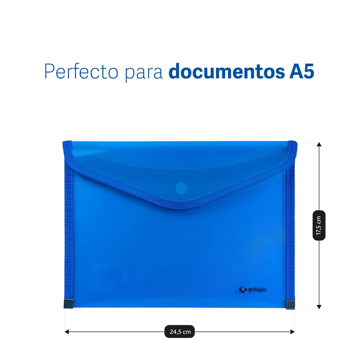 Grafoplas - 4 Sobres Portafolios Plastico Tamaño Cuarto con Cierre Botón, Ribete Tela, 24,5x17,5cm, Color Azul Traslúcido, Para Documentos Pequeños A5 o menos, Perfecto como Portafolios en Oficina