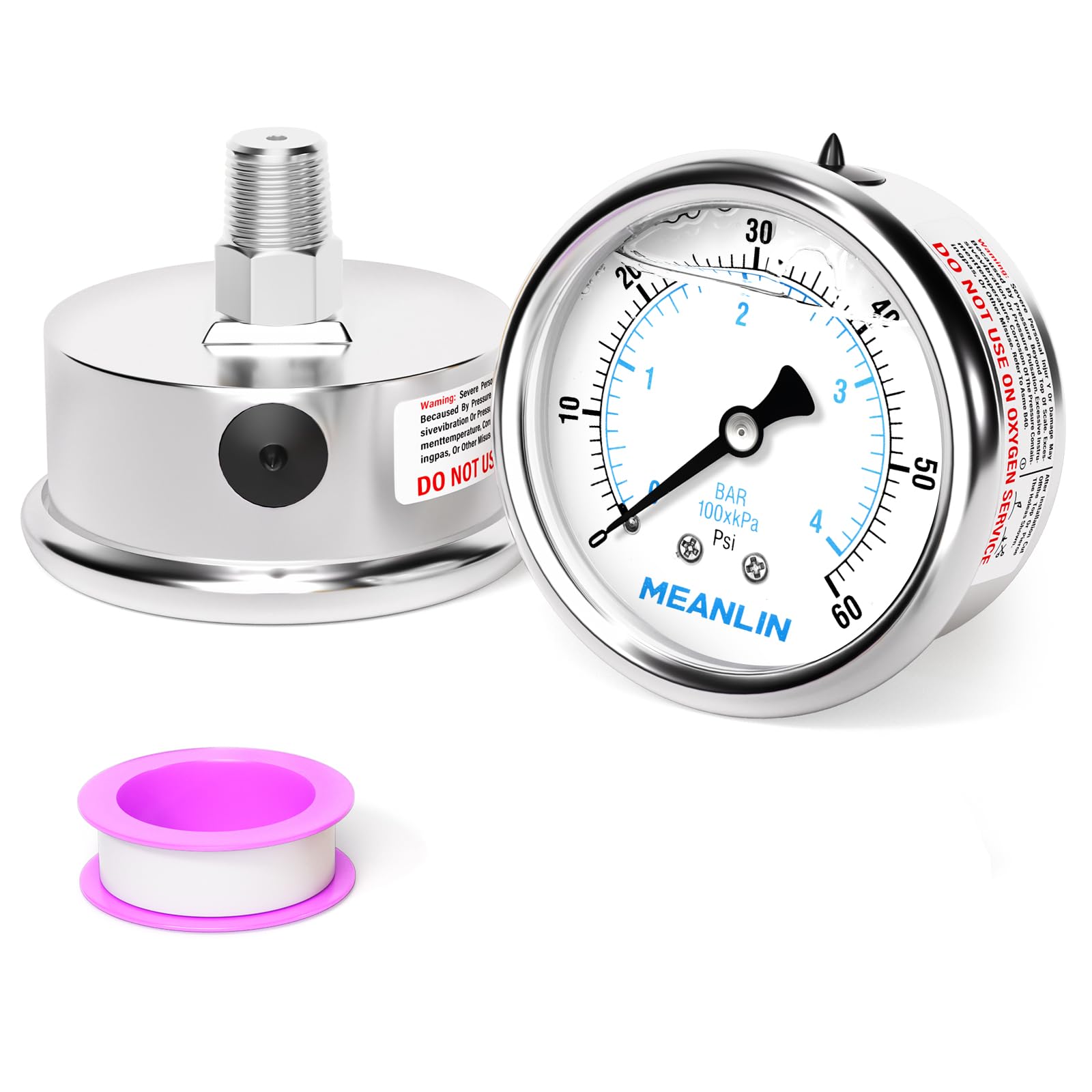 MEANLIN MEASURE 0~60Psi Liquid Filled Pressure Gauge Stainless Steel with 316 Stainless Steel Joint 1/4" NPT 2.5" FACE DIAL for Pool Filter Pump Water
