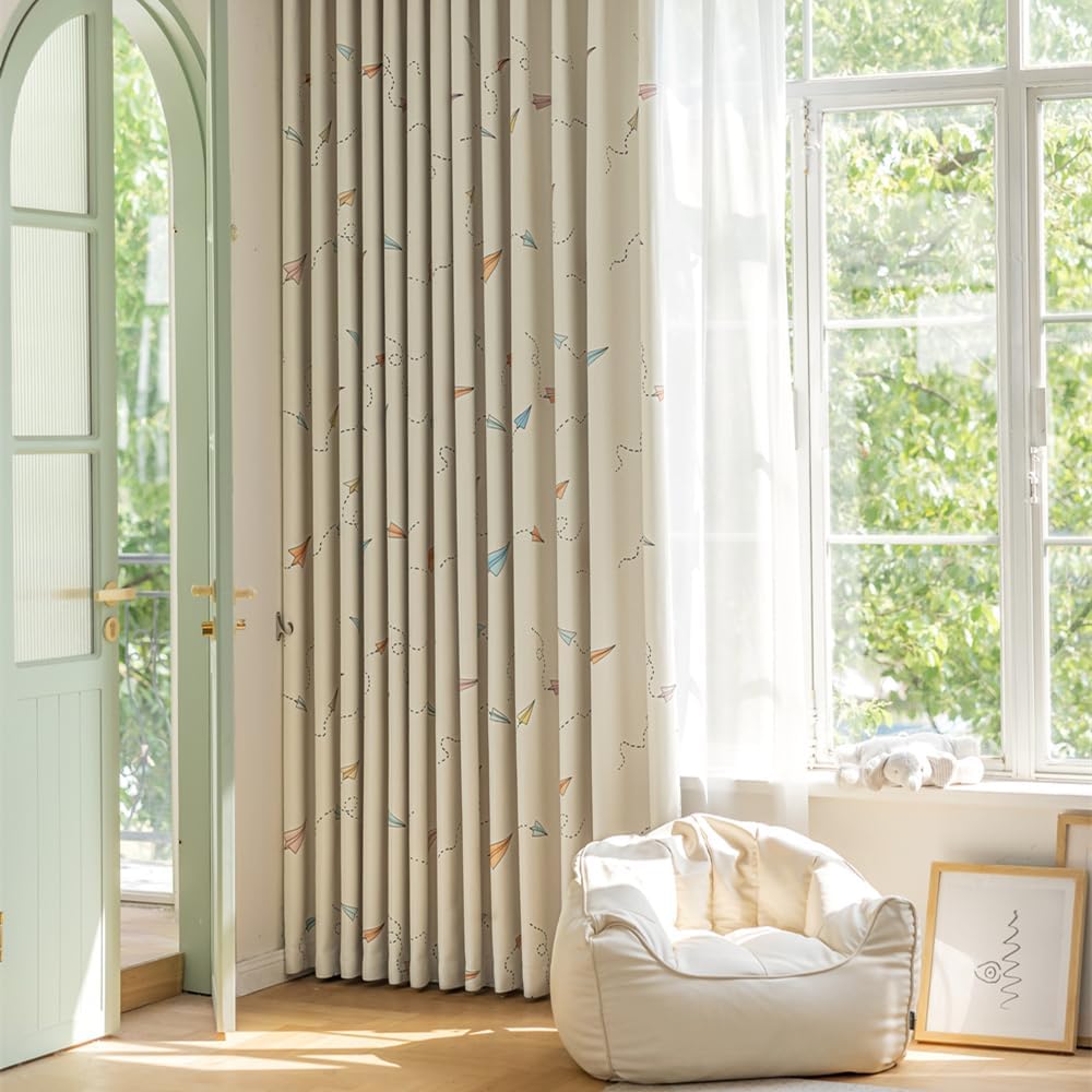 Cartoon Airplane Blackout Curtains for Boys Girls Room Colorful Aircraft Printed Curtains for Kids Room Grommet Room Darkening Window Drapes for Bedroom Living Room 1 Panel (Beige,W39 L84 in)