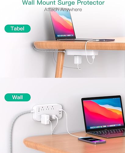 Miniatura 5 de Regleta de alimentación plana  Cable de extensión de enchufe de 5 pies, 6 tomacorrientes, 3 puertos USB, extensor de salida con protección contra