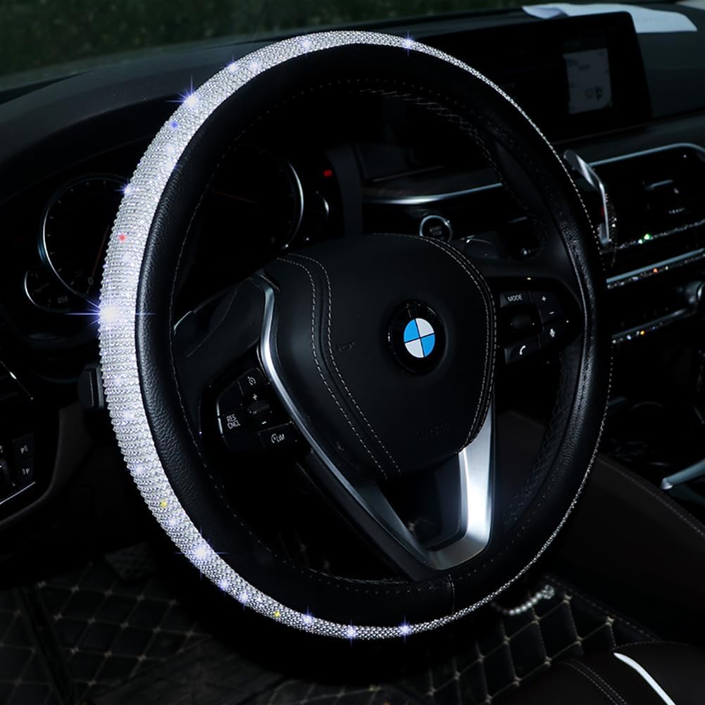 8cm Universal Leather Car Steering Wheel Cover Auto 15 Inch Black + White Rhinestone