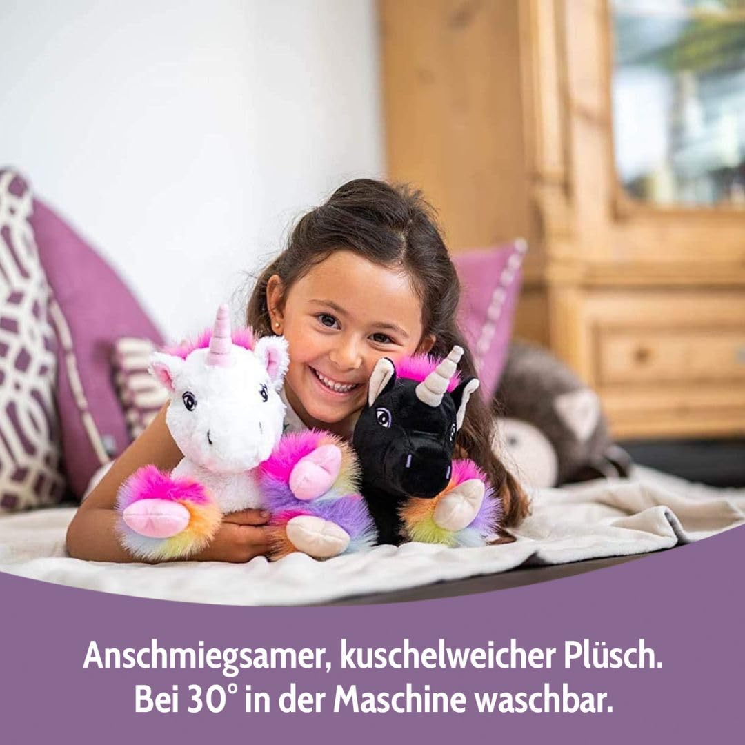 Habibi Premium Wärmekissen/Stofftier f. Kinder u. Erwachsene - 1848 Einhorn Black Rainbow, herausnehmbare Hirsefüllung - Wärmekuscheltier zum Erwärmen in der Mikrowelle/Backofen, ideal auch für Babys