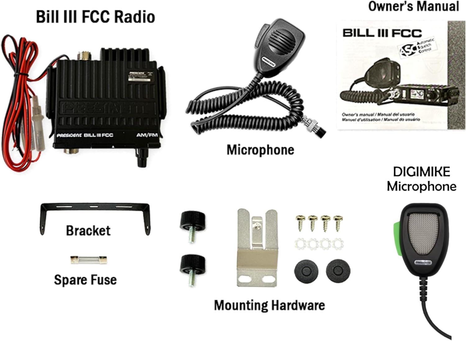 Bill III FCC AM/FM CB Radio with DIGIMIKE Microphone, Ultra-Compact with P Channels, NRC, Weather Channel, Scan Skip, ASC, VOX, USB Port, 7 Color Display with Lumintrail Keychain