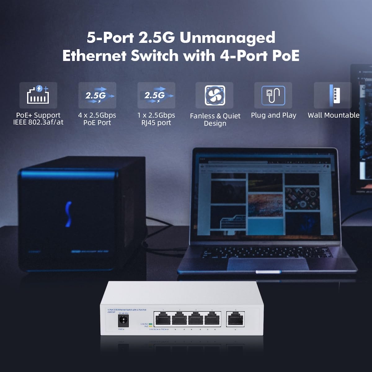 5-Port-2,5-Gigabit-PoE-Switch, 4 x 2,5G-PoE+-Ports + 1 x 2,5G-Uplink, YuLinca 2500 Mbit/s Unmanaged Desktop Switch, IEEE 802.3bz/at/af-konform, Auto MDI/MDIX, Plug & Play