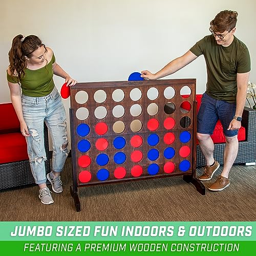 Image of GoSports 4 Foot Giant Wooden 4-in-a-Row Connect Game - Jumbo Party Size with Heavy-Duty Coins - Easy Setup and Portable Design for Indoor and Outdoor Yard Game for Adults