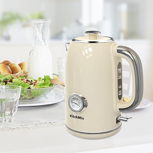 Miniatura 8 de Tetera eléctrica de acero inoxidable de 1500W-1.7L con termómetro, apagado automático y hervir, mango de tacto frío, hervidor de agua caliente sin