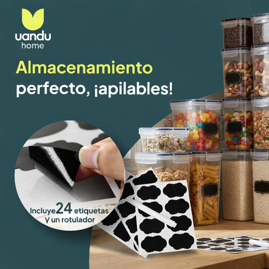 uandu Juego de 24 recipientes de almacenamiento herméticos con tapa, sin BPA, para cereales, harina y azúcar, con bolígrafo y etiqueta