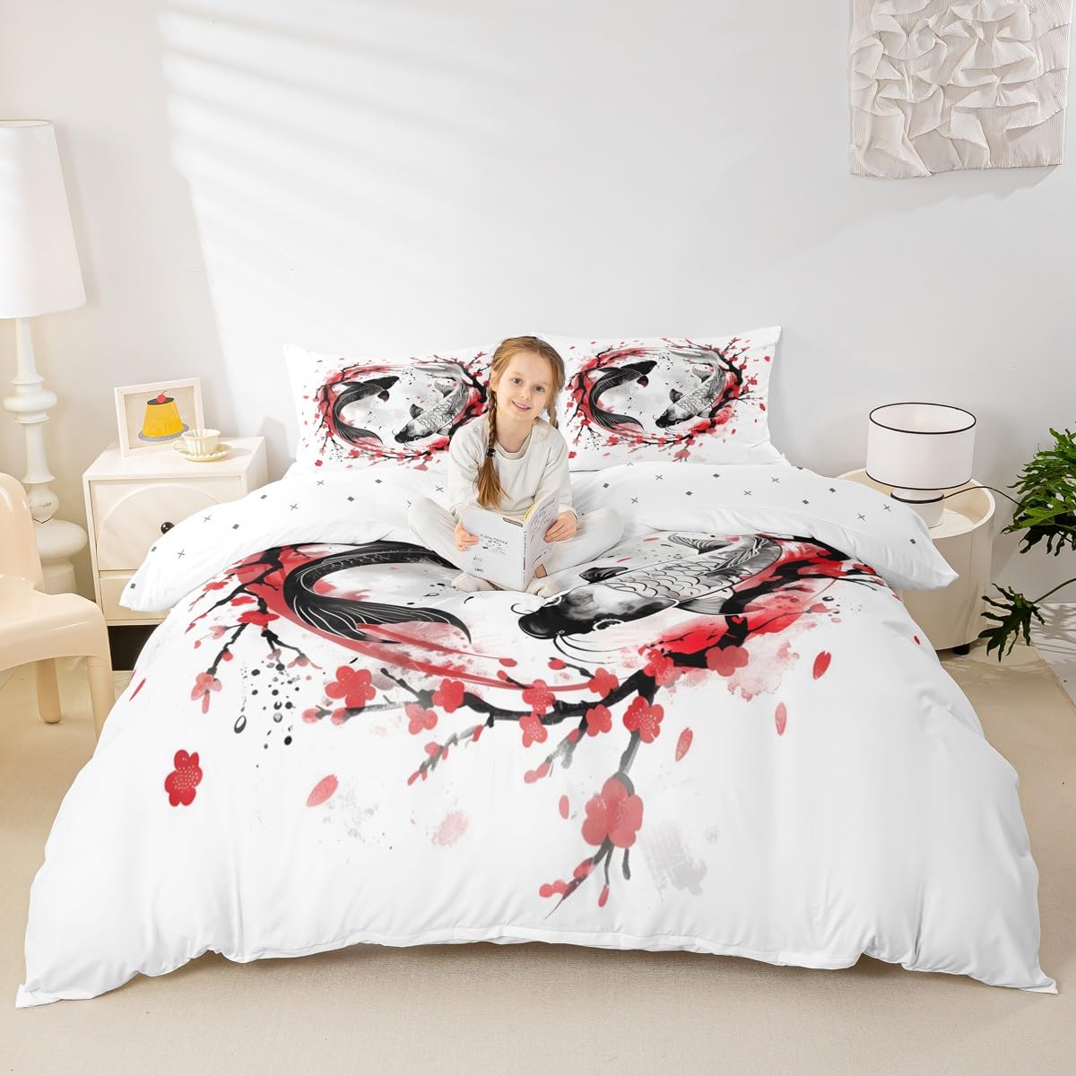 Tai Chi Fish Bedding Sets Double Size,Japanese Style Duvet Cover Set 3Pcs for Kids Girls Boys Adult Room Decor,Cherry Blossom Comforter Cover Retro Ink Painting Art Quilt Cover,2 Pillowcases