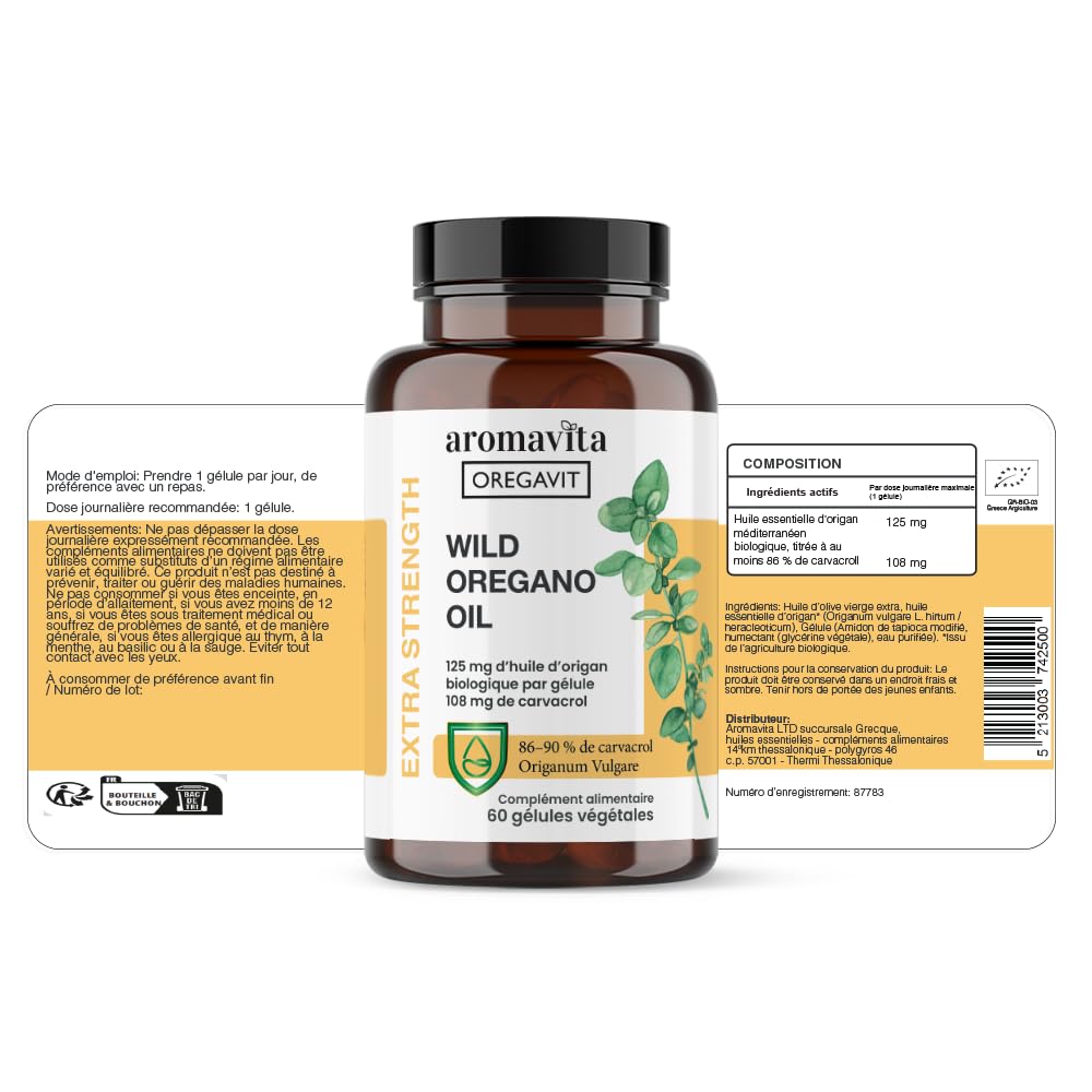 Capsules d'huile sauvage d'origan végétalienne biologique, 86-90% de carvacrol - Soutien immunitaire et digestif, antioxydant naturel, végétalien, sans OGM, 60 capsules (60 sofgels/1 paquet