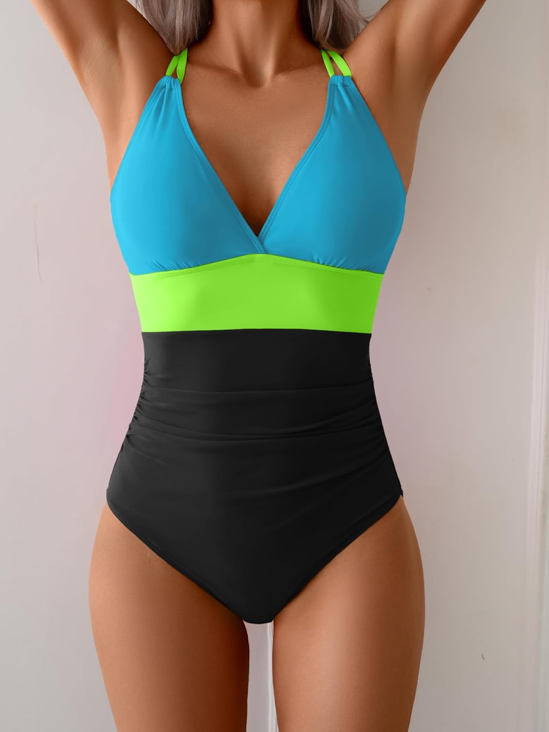 Women's One Piece Color Block Swimsuit Tummy Control Slimming Bathing Suit V Neck Cutout High Waisted Swimwear - Image 4
