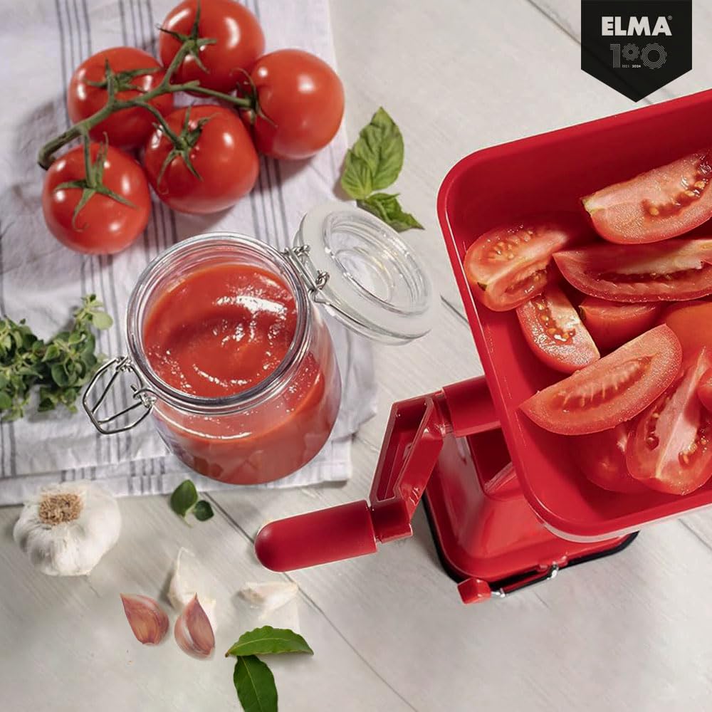 ELMA Presse-tomate Manuel, Presse-tomate Domestique | Base à Ventouse, avec Filtre en Acier Inoxydable, Plastique Rouge