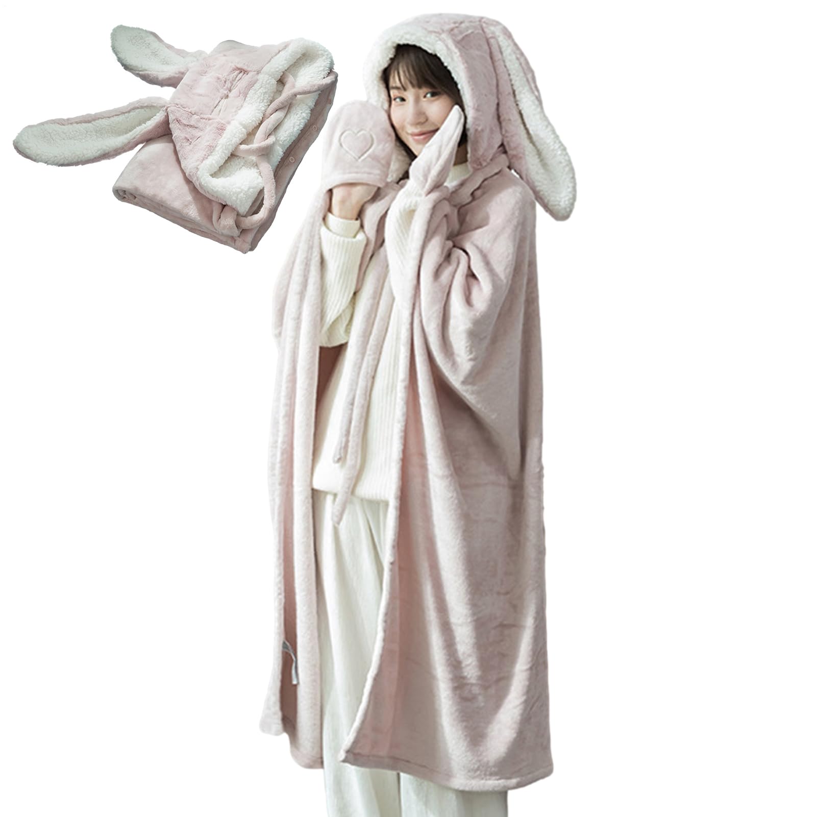 Coperta creativa con cappuccio a forma di coniglio, mantello in caldo pile, morbido e accogliente, comodo copriorecchie di animale, comodo per compleanno, sicuro da indossare per donne, bambini