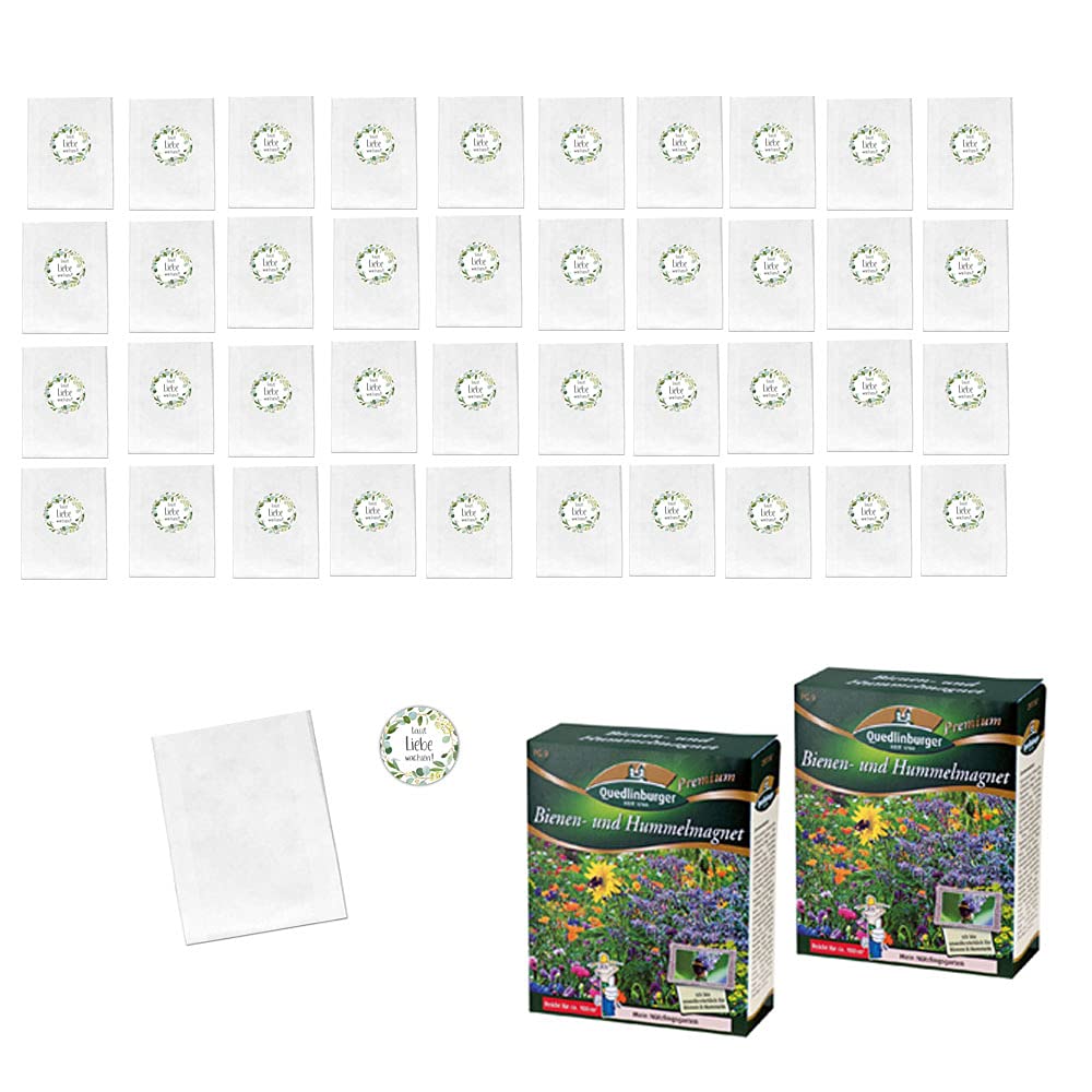 DIY Gastgeschenke-Set mit Blumen-Samen "Lasst Liebe wachsen" Botanical Eukalyptus für 40 Personen- 82 Teile - 40 Beutel + 40 Sticker + 200 gr. Blumensamen Taufe & Hochzeit Zubehör & Accessoires