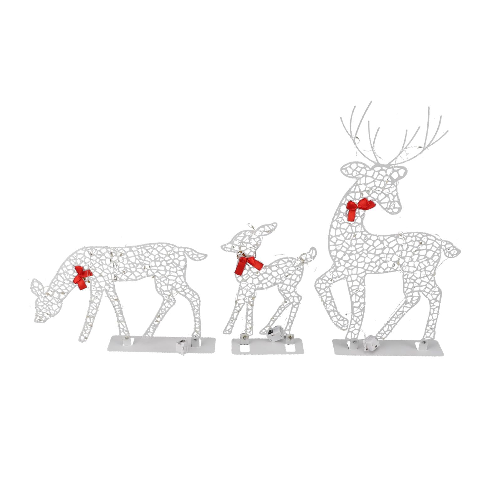 Beleuchtete Weihnachtsdekoration Hirsch, LED-Rentier-Familienset, warmweißes 3D-Rentier aus Eisen mit roten Schleifen und Glocken, Tischdekoration für drinnen und draußen, (Leuchtender Hirsch ‑01)