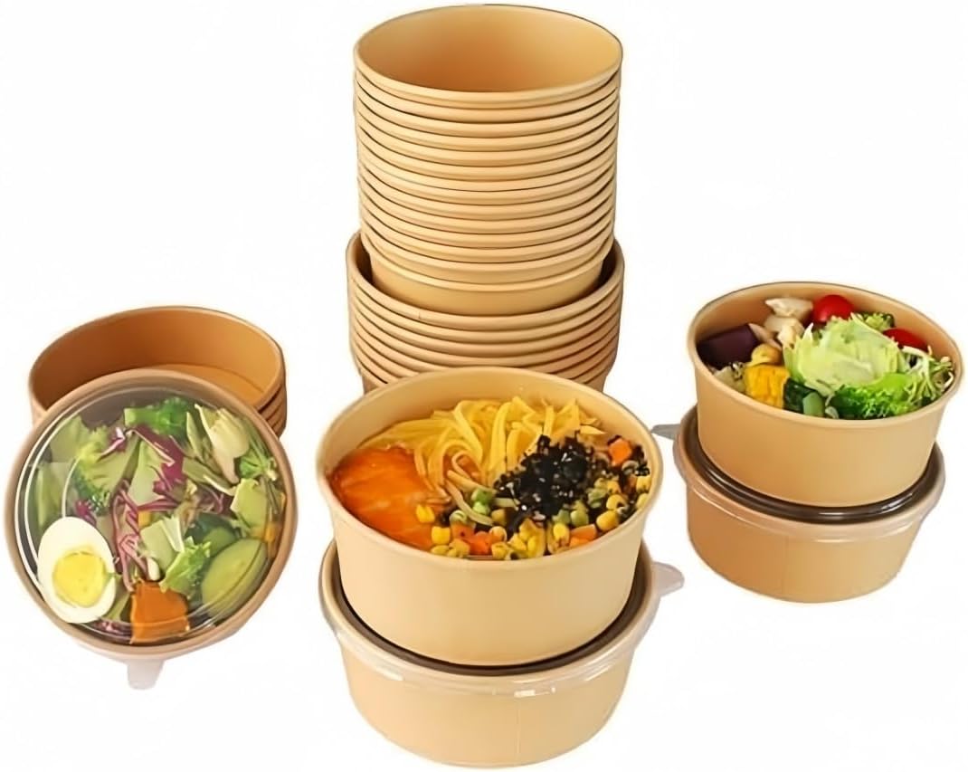 使い捨てボウル クラフト紙 100個 使い捨て弁当箱 蓋付きクラフト ペーパーボウル 電子レンジ対応 バーベキュー 食品容器 テイク
