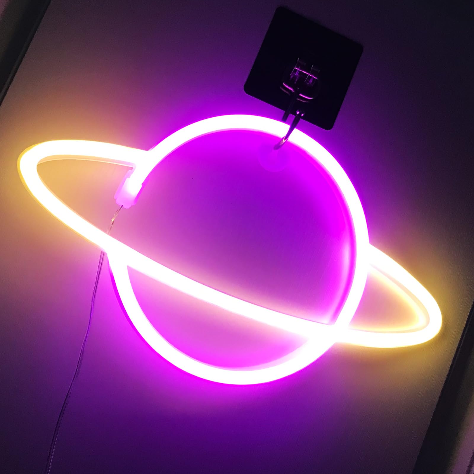 Planet neon znak - USB/bateria Driven LED znak sypialni neonowy znak ścienny dekoracje urodzinowe ślub Boże Narodzenie dekoracja pokoju, różowy + żółty