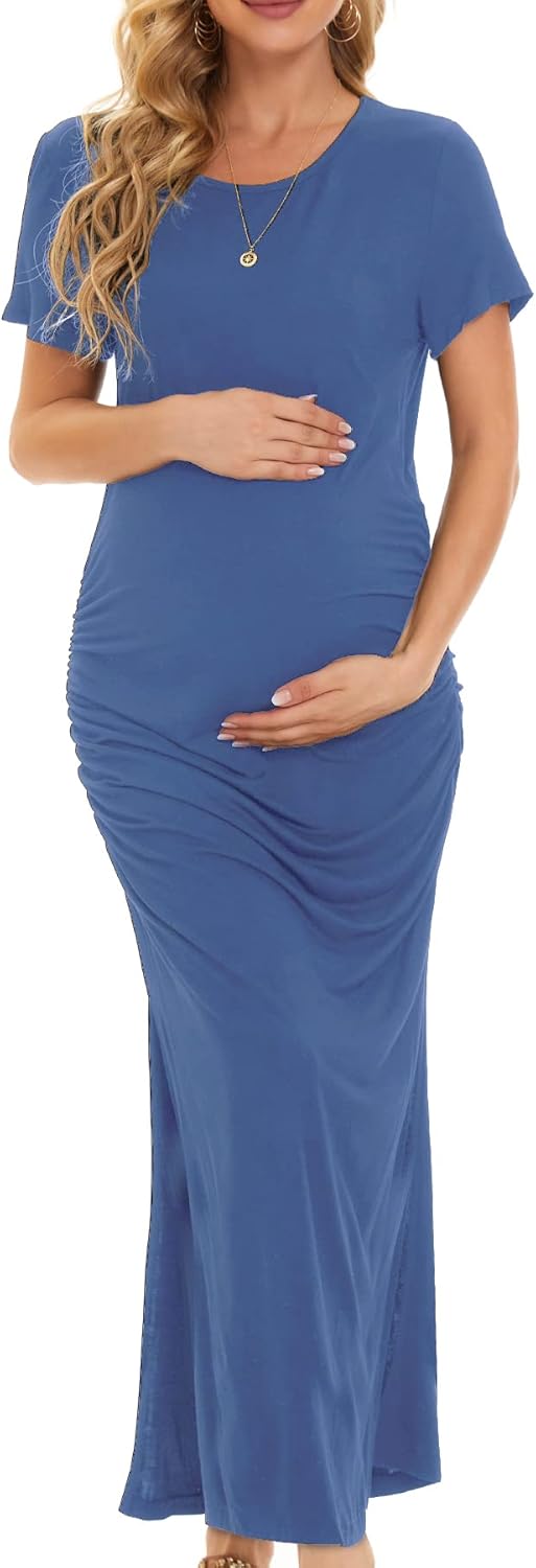 Smallshow Women's Split Long Maternity Dress Short Sleeve Ruched Pregnancy Clothes - Image 2