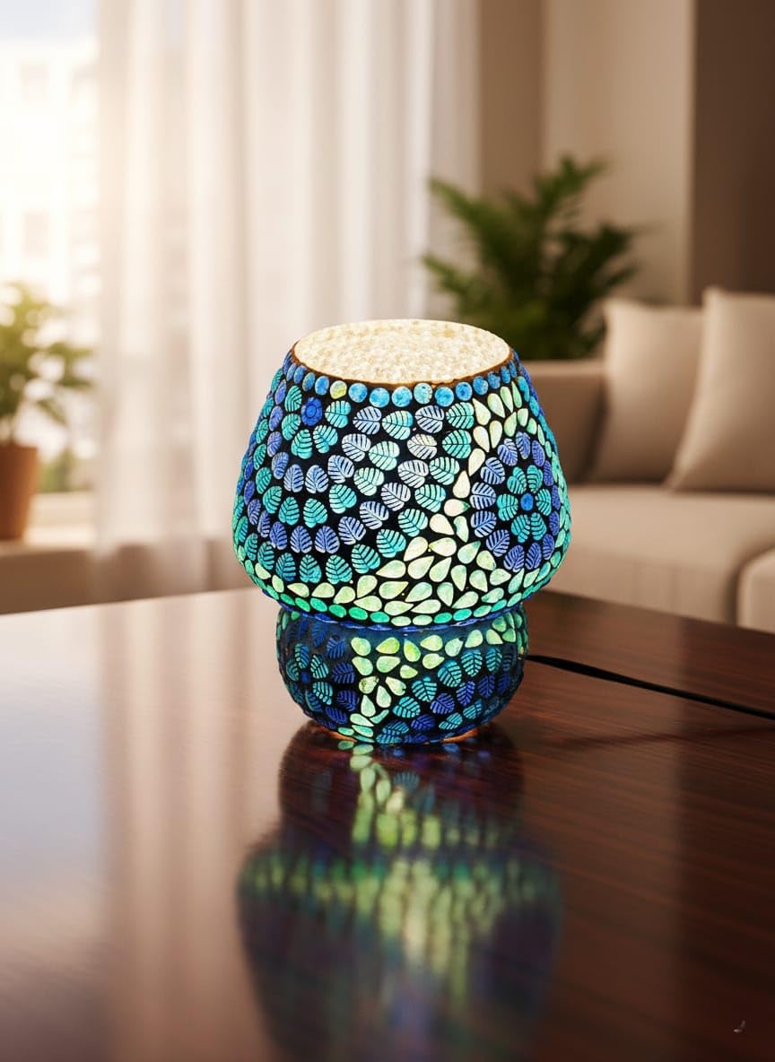 AABHAYA ARTS Mosaic Glass Table Lamp, Blue and Turquoise Pattern, Built-in LED Light, 17 cm Height, 15 cm Width, 7W Home Decor Lighting-image-32