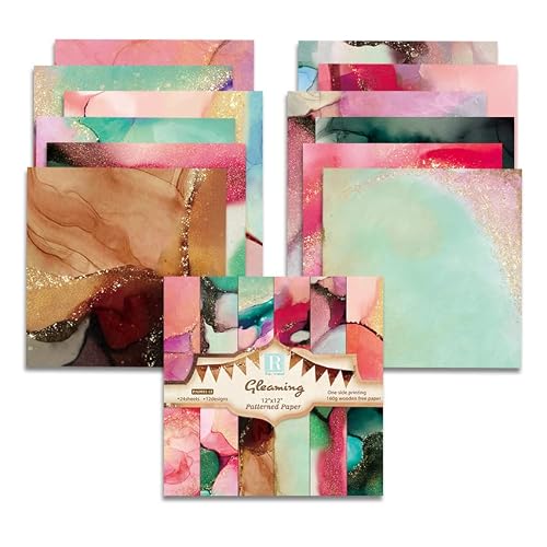 Marbled Scrapbook Paper Marble Gold Patterned Paper 12×12 ,24 Sheets Single-Sided Junk Journaling Planner Papers for Holiday Cardmaking DIY Origami Scrapbooking Decorative Craft Papers.