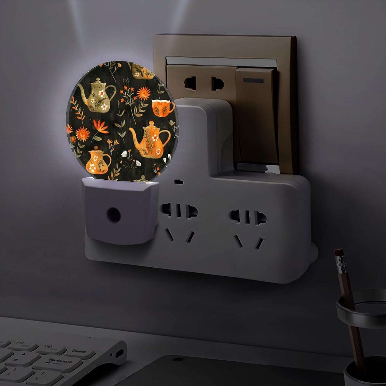 Plants And Teapot LED Plug in Night Light 0.5w Night Lights Plug Into Wall with Auto Dusk to Dawn Sensor Portable Bathroom Nightlights Small Dimmable Lamp Energy Efficient Bedside Light (Round) image 5