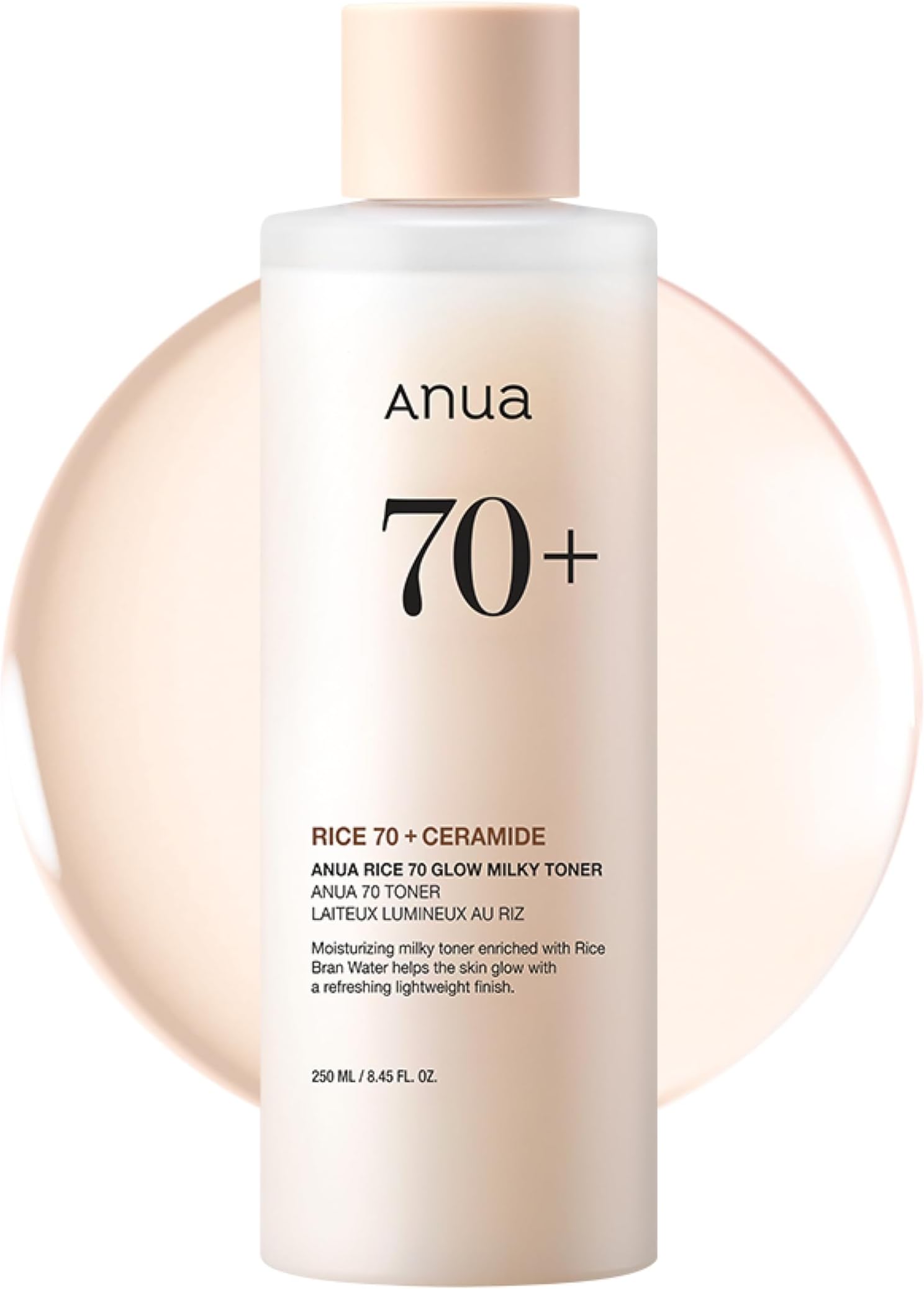 ANUA Rice 70 Glow Milky Toner, for Glass-like Skin and Whitening, Rice Water, Niacinamide, Ceramides, Panthenol, Non-Comodogenic, Fungal Acne Safe, 250ml/8.45fl.oz
