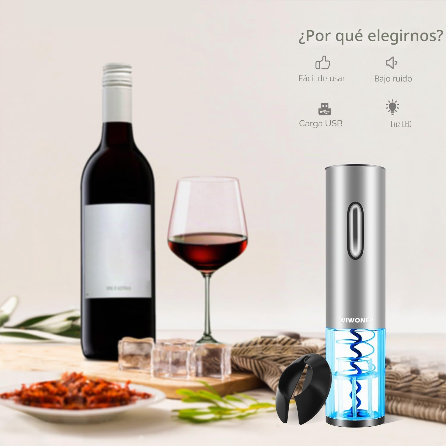 Sacacorchos Eléctrico, Abridor Botellas de Vino Profesional, Sacacorchos Eléctrico de Acero Inoxidable con Puerto de Carga USB, Cortador de Cápsulas, Tapón de Vacío y Vertedor