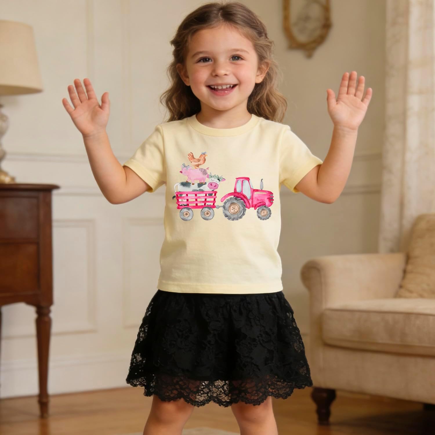 Toddler Kids Farm Cute Animal Pink Tractor Pattern Short Sleeve T-Shirt Summer Cotton Casual Tee Tops Clothes 2-7 Years