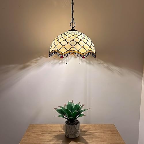Miniatura 4 de Tiffany - Lámpara colgante con enchufe de cristal beige, bombillas LED incluidas para comedor, sala de estar, 16 pulgadas de ancho x 16 pulgadas de