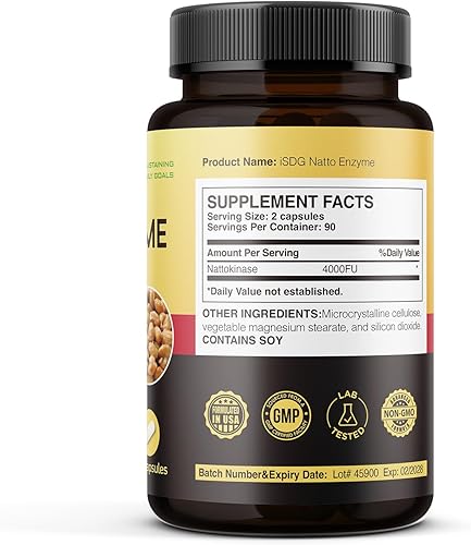 Miniatura 8 de ISDG Suplemento Nattokinase 4000 FU  Enzima japonesa Natto, apoya la salud cardiovascular  Sin gluten, sin OMG, vegano 180 cápsulas