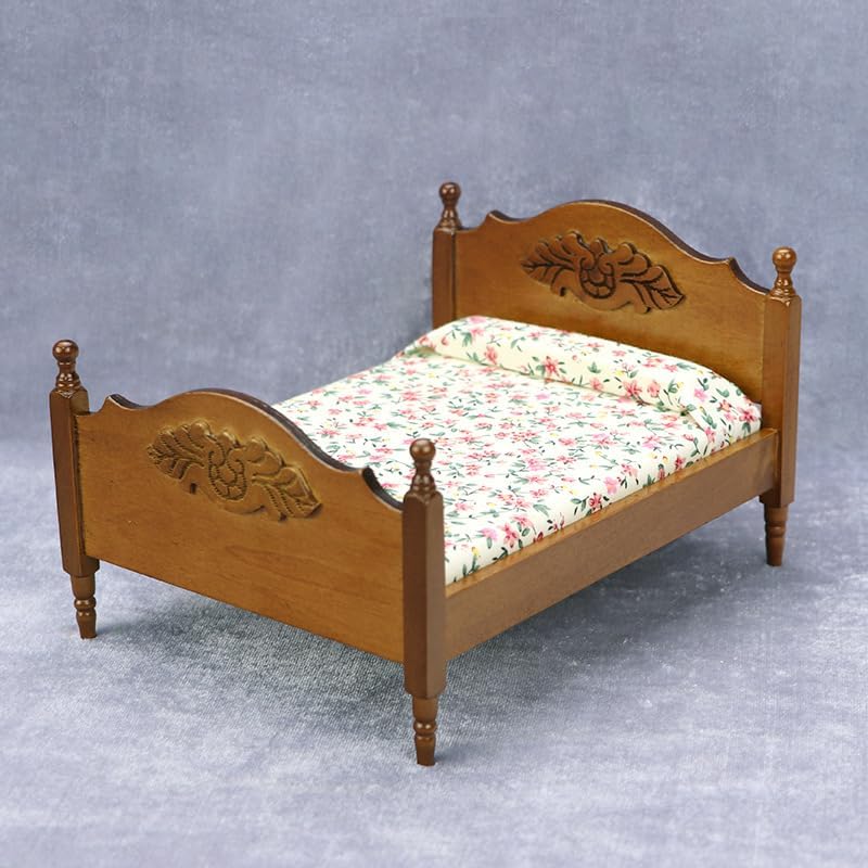 AirAds 1:12 Scale Dollhouse Miniature Bedroom Furniture Brown Bed with 2 nightstands (Set 3) Dolls Bed Dollhouse Decoration