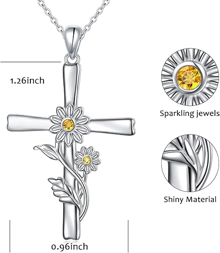 Miniatura 3 de Collar de cruz de margarita para mujer, plata de ley 925, collar con colgante de flores, joyería cristiana, regalo para mujer