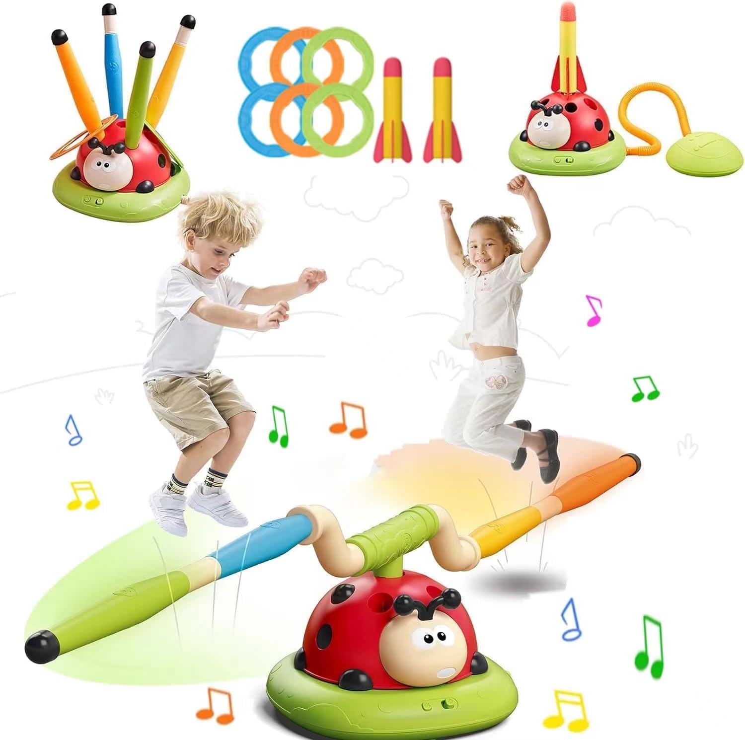 Super fun 3 in 1 Indoor Outdoor toys For Kids, Musical Jump,Toss Ring Game Toy and Rocket Launcher for Kids Outdoor Toys Suitable for children over 3 years old