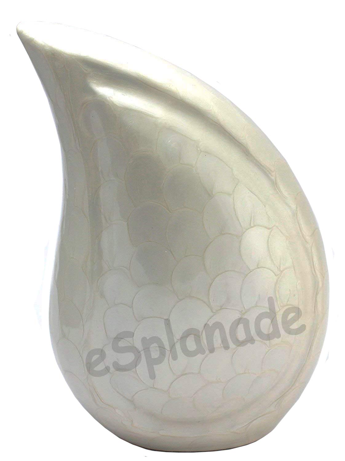 eSplanade Metall-Urnen-Gedenkglas-Behälter | Geprägte Urne in voller Größe für die Beerdigung von Asche | Tropfenförmige Metallurnen | Feuriges Rot – 10 Zoll (Weiss)