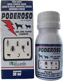 Poderoso Veterinário 30ml Indicado para cães e gatos, adultos e filhotes inseticida é indicado também para o controle de cupins, formigas, baratas e escorpiões no ambiente