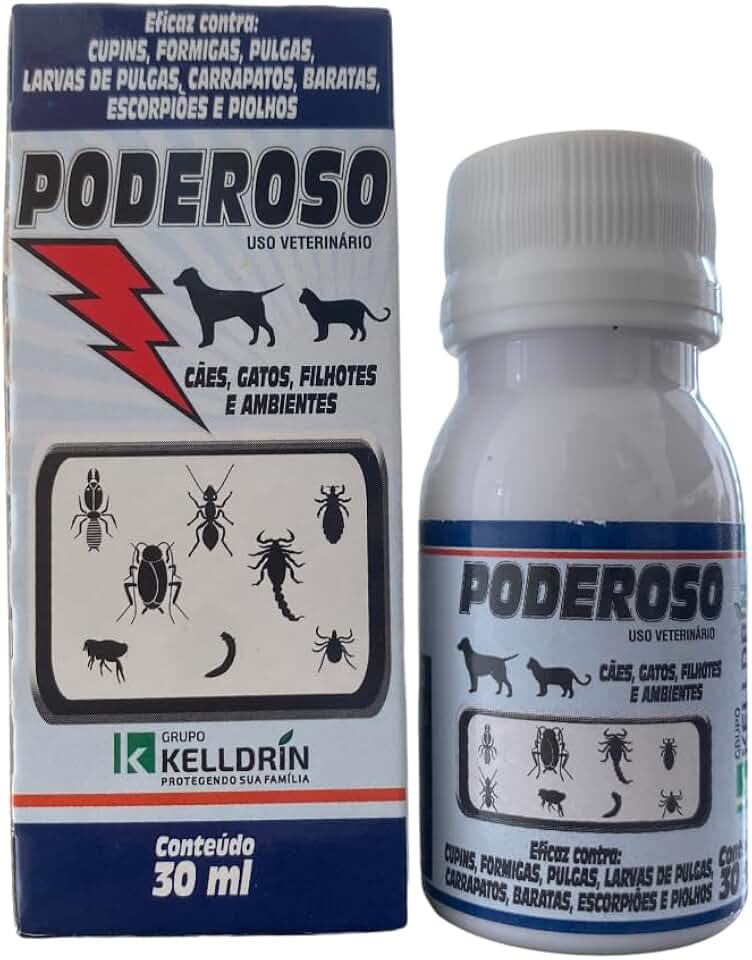 Poderoso Veterinário 30ml Indicado para cães e gatos, adultos e filhotes inseticida é indicado também para o controle de cupins, formigas, baratas e escorpiões no ambiente