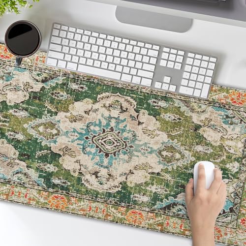 Image of Vintage Rug Mouse Pad XL Green Orange Retro Carpet Aesthetic Extended Table Mat 80X30 cm Non-Slip Rubber Base Stitched Edge Large XL Mousepad for Desk Gaming Laptop Desk Top,31.5x11.8 Inch