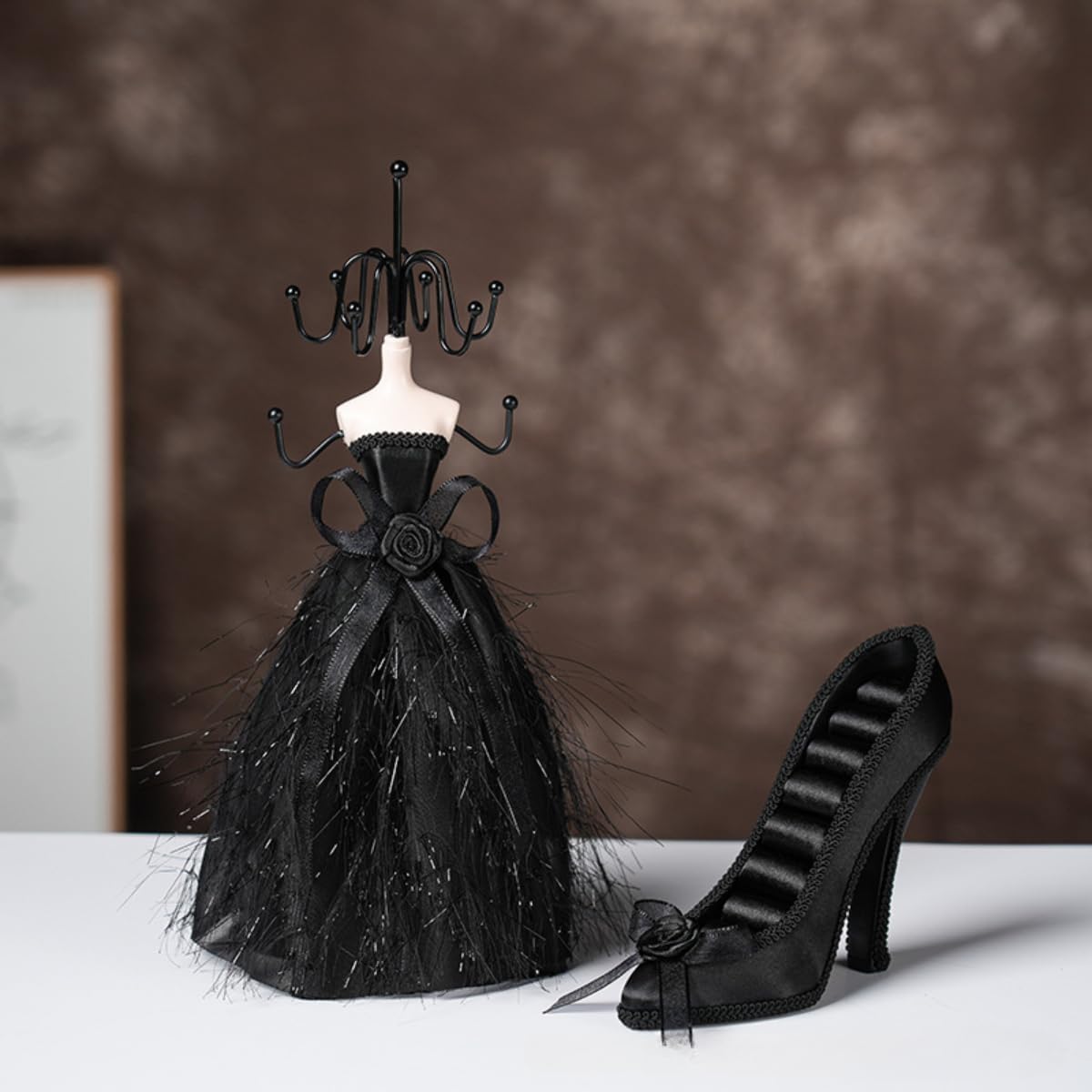 Jewelry Display Stand Model Mannequin Dress and High Heels, Vintage Necklace Earring Ring Holder Jewelry Storage Case, Trinket Box Decoration Gift for Women Girls (C)