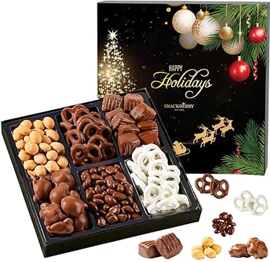 Christmas Premium Chocolate Gift Box – Gourmet Assortment with Chocolate Pretzels, Maple Nuts, Yogurt Pretzels & Milk Chocolate Caramels – Perfect for Holidays, Birthdays