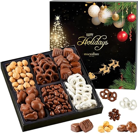 Christmas Premium Chocolate Gift Box – Gourmet Assortment with Chocolate Pretzels, Maple Nuts, Yogurt Pretzels & Milk Chocolate Caramels – Perfect for Holidays, Birthdays