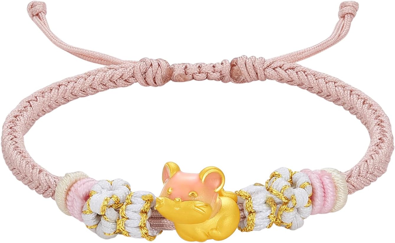 24K Gold Charm Bracelet Enamel Rat Mouse Bracelets 12 Chinese Zodiac Pink Braided Link Cute Animal Real Gold Jewelry for Women Daughter New Year Birthday Gifts 16+6cm/6.3+2.36"