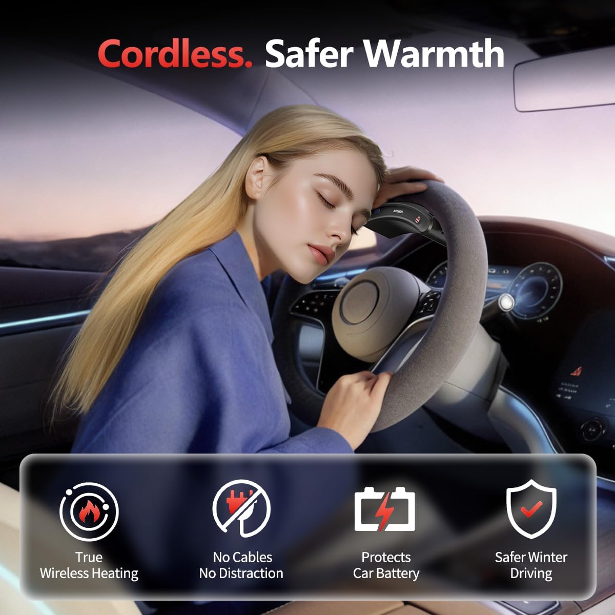 AUTOWEOL Wireless Heated Steering Wheel Cover, Cordless & Rechargeable Steering Wheel Warmer for Car, Fast Heating, Soft Grip, Fits 14.5"-15" Steering Wheels