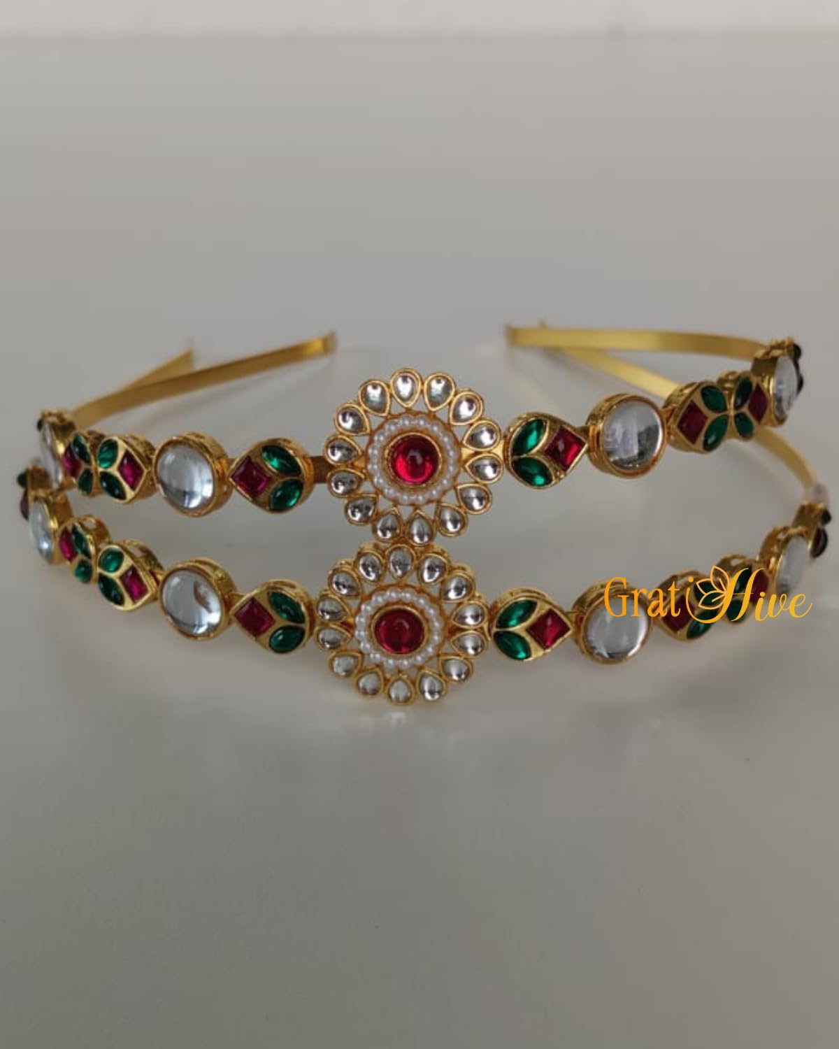 GratiHiveFloral Kundan mathapatti hairband for Women | Red Centerpiece hair band with Green Enamel | Traditional Hairband Hair Accessories | Kundan Headband for Girls & Women Wedding (Pack of 1)