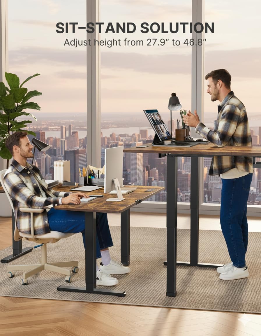 Marsail 63×55 in Electric Corner L-Shaped Standing Desk with 4-in 1 Electical Outlet, Computer Desk with Headphone Hook, Memory Sit Stand up Home Office Table, Ergonomic Gaming Table,Brown