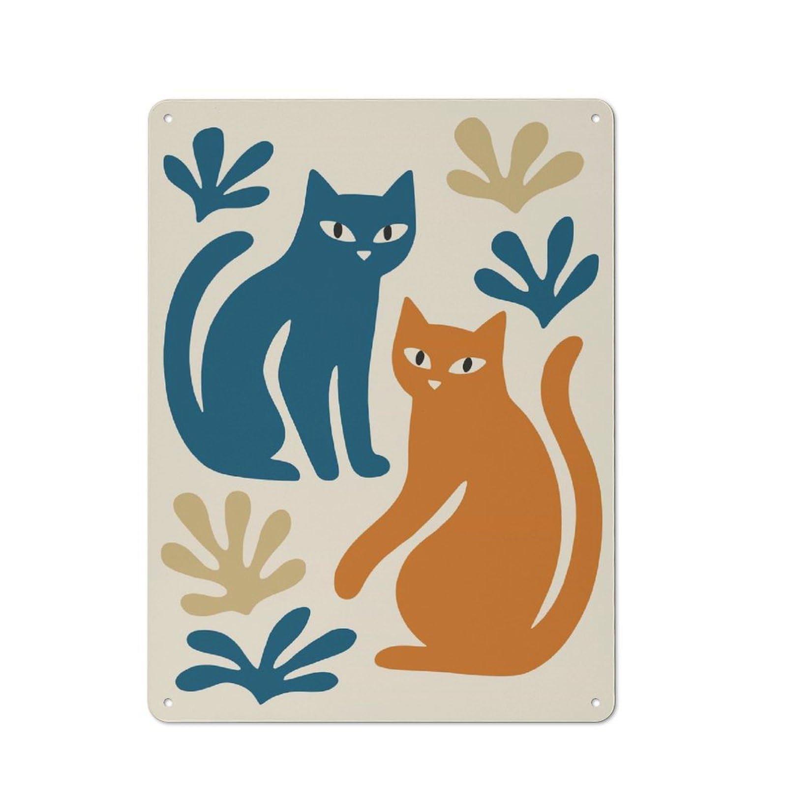 Junmoney Style-16 Tin Sign With Abstract Cats And Foliage Illustration Design 40X30cm, Creative Creative Space Decor For Home Office, Reading Corner Or Bedroom